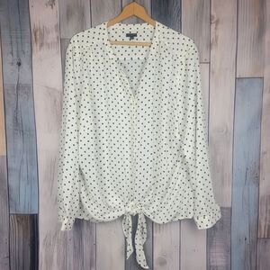 Talbots White Navy Polka Dot Buyton Down Front Tie Long Sleeve Blouse 3X